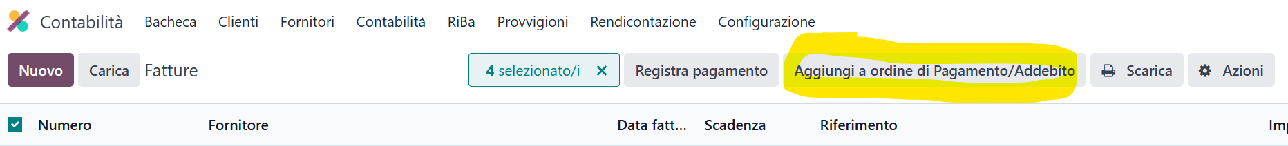 Elenco fatture fornitore con il pulsante Aggiungi a ordine di Pagamento/Addebito