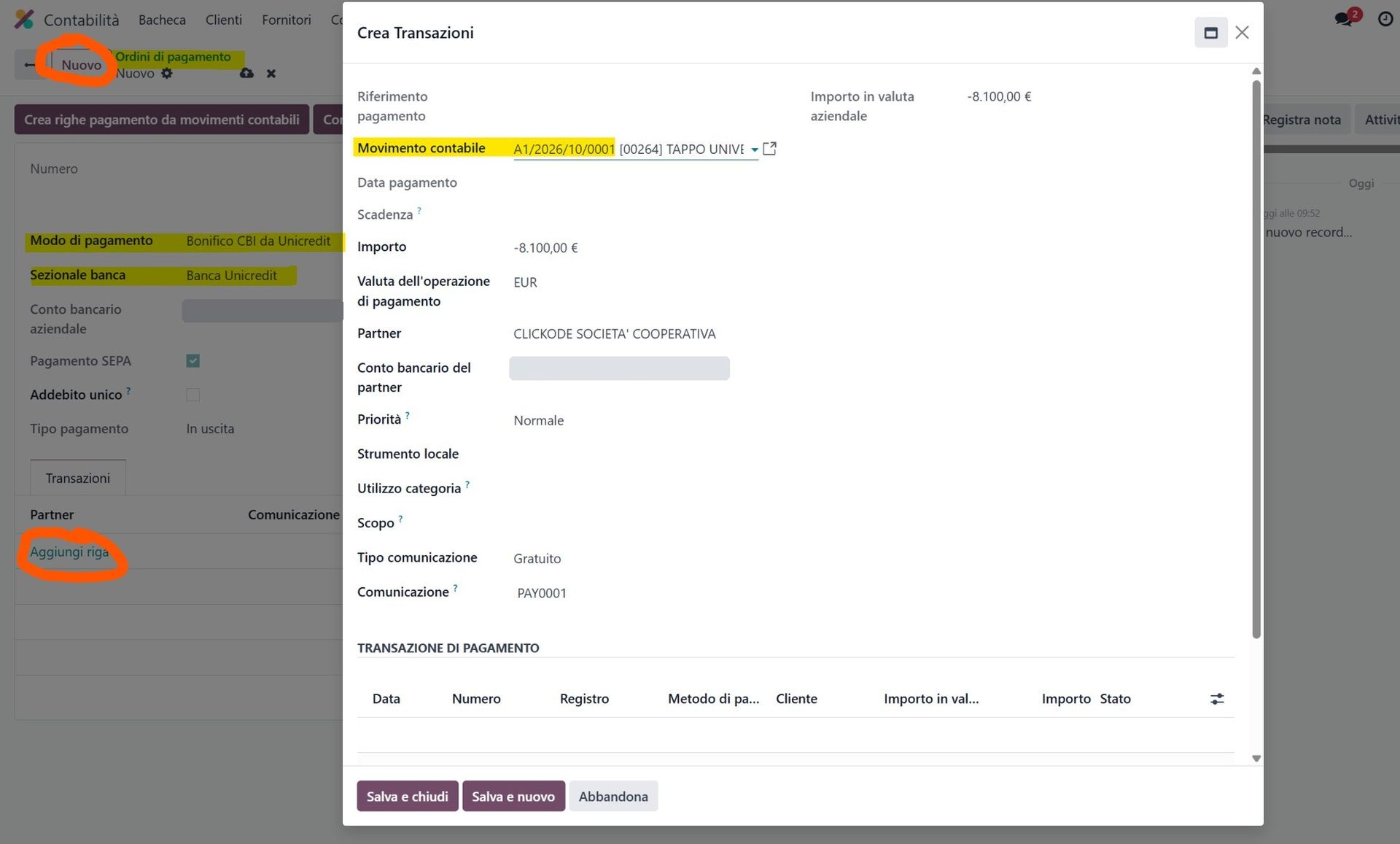 Nuovo ordine di pagamento con modo di pagamento, sezionale banca e aggiunta di una riga
