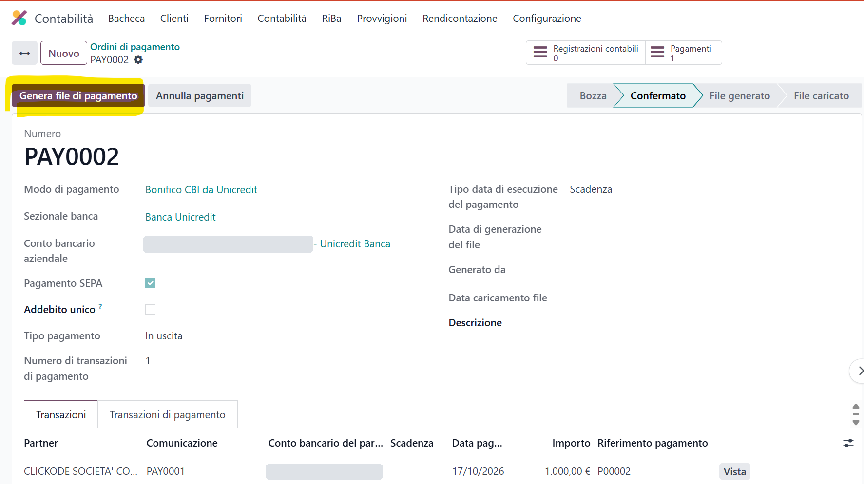 Ordine di pagamento confermato con il pulsante Genera file di pagamento