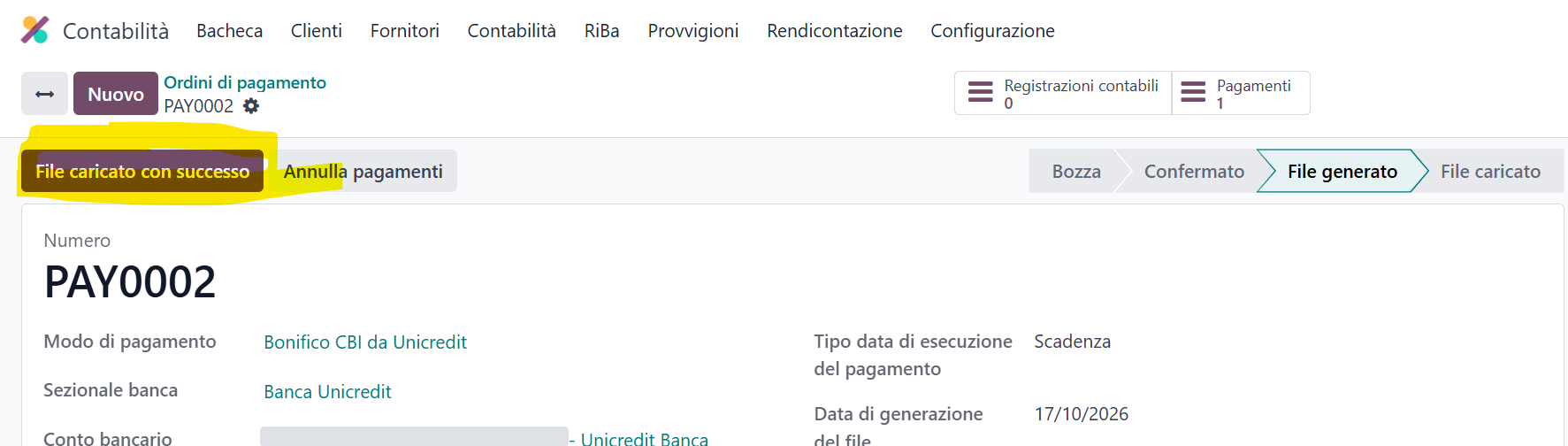 Ordine di pagamento in stato File generato con il pulsante File caricato con successo