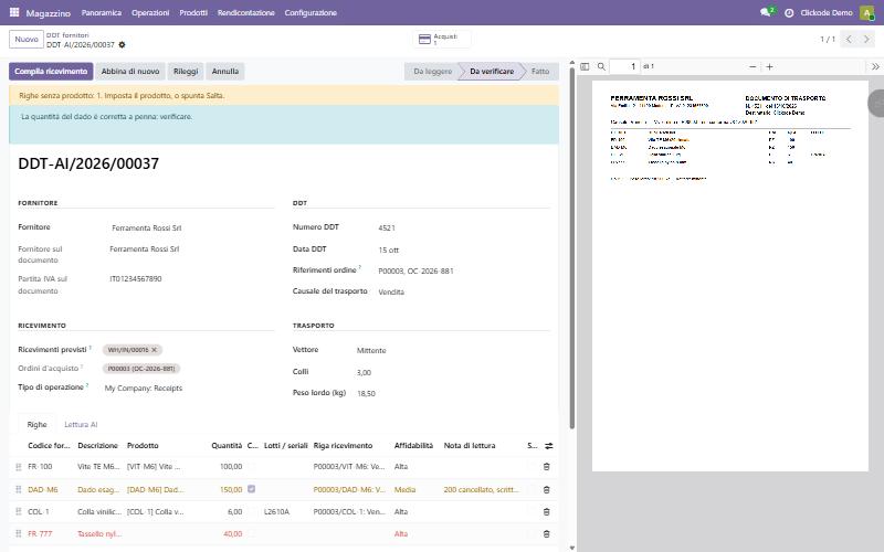 Un DDT letto dall'AI in Odoo, con il documento originale accanto